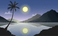 Lake and Mountains night scenery. Moon and mountains reflection on the water. Vector Illustration. Royalty Free Stock Photo