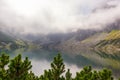 A lake in the mountains with pine cones and white clouds Royalty Free Stock Photo