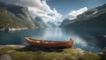 lake in the mountains Small boat on Norwegian fjord