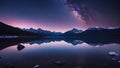 lake in the mountains _A starry night over a snowy mountain range. The milky way is visible in the sky, Royalty Free Stock Photo