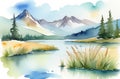 A lake in the mountains in watercolor. There are snow-capped mountains all around.