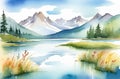 A lake in the mountains in watercolor. There are snow-capped mountains all around.