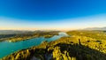 Lake and mountains at Worthersee Karnten Austria. View from Pyramidenkogel tower on lake and Klagenfurt the area