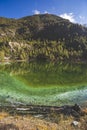 Lake Mricho Tal with emerald water near Pisang. Himalaya mountains, Nepal