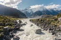 Lake Mueller merging with Tasman river in Aoraki, Mount Cook National Park. New Zealand Royalty Free Stock Photo