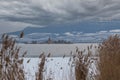 Lake Musov with the Church of St. Linharta in the Czech Republic in Europe. There is a reed around. Winter landscape and Palava