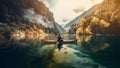 lake nature landscape travel scenic person outdoors water boat river. Generative AI.