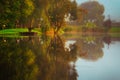 Lake near forest, fall landscape Royalty Free Stock Photo