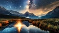 Lake nestled among towering mountains, illuminated by stars of night sky, including Milky Way Royalty Free Stock Photo