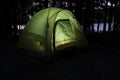 Lake night campout with lighted tent Royalty Free Stock Photo