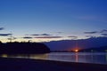 Lake at night reflecting shiny moon on water surface Royalty Free Stock Photo