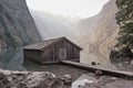 Lake Obersee in the Berchtesgaden alps with boathouse