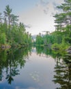 Lake One of the BWCA - Boundary Waters Canoe Area - with the lake taking a straight road looking perspective with forest on both s Royalty Free Stock Photo