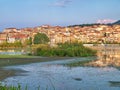 Lake Orestiada and Kastoria city, Greece at sunset time