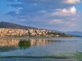 Lake Orestiada and Kastoria city, Greece at sunset time