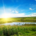 Lake overgrown with reeds. In the blue sky a bright sunrise Royalty Free Stock Photo