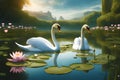 lake overgrown with water lilies meadows full of flowers in the background two 2 swans in the lake generative ai