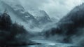 Lake panorama in a foggy morning with glaciers mountain and reflection Royalty Free Stock Photo