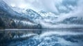 Lake panorama in a foggy morning with glaciers mountains and ref Royalty Free Stock Photo