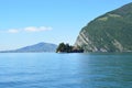 Lake panorama from `Monte Isola` with clouds. Italian landscape. Island on lake. View from the island Monte Isola on Lake Iseo, It Royalty Free Stock Photo