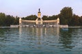 Lake at the park of Buen Retiro with monument of Alfonso XII King of Spain at sunset, Madrid, Spain Royalty Free Stock Photo