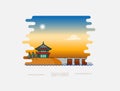 Lake pavilion in Korean Gyeongbokgung palace on sunset in Seoul vector illustration