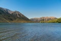 Lake Pearson and mountain with clear blue sky black ground, New Zealand Royalty Free Stock Photo