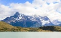 Lake Pehoe and Los Cuernos in Torres del Paine National Park in Royalty Free Stock Photo