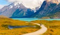 Lake Pehoe, Torres del Paine National Park, Patagonia, Chile, South America. Copy space for text Royalty Free Stock Photo