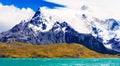 Lake Pehoe, Torres del Paine National Park, Patagonia, Chile, South America. Copy space for text Royalty Free Stock Photo