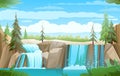 Lake and pine trees. landscape with waterfall among rocks. Cascade shimmers downward. Water flowing. Nice cartoon style