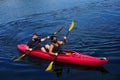 Kayakers enjoy summer day on Mirror Lake in Lake Placid, New York State Royalty Free Stock Photo