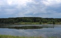 Lake pond, in the grass in the summer in the forest on the background of a thundercloud river Royalty Free Stock Photo
