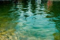 Lake or pond surface. Small wimples and transparent water with green and blue tints and sunlight flecks