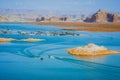 Lake Powell overlook. Morred boats, blue water, and red rocks, Utah Royalty Free Stock Photo