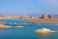 Lake Powell overlook. Morred boats, blue water, and red rocks, Utah Royalty Free Stock Photo