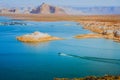 Lake Powell overlook. Morred boats, blue water, and red rocks, Utah Royalty Free Stock Photo