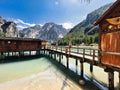 Lake Prags Lake Braies or Pragser Wildsee is a lake in the Prags Dolomites in South Tyrol, Italy. Royalty Free Stock Photo