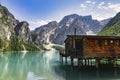 Lake Prags Lake Braies or Pragser Wildsee is a lake in the Prags Dolomites in South Tyrol, Italy. Royalty Free Stock Photo