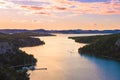 Lake Prokljan in sunsest, a lake in the Croatia, located near the cities of Skradin and Sibenik Royalty Free Stock Photo