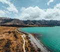 Lake Pukaki and Lake Ben Ohau view from Glentanner Park Centre near Mount Cook on a background of blue sky with clouds Royalty Free Stock Photo