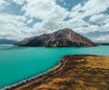 Lake Pukaki and Lake Ben Ohau view from Glentanner Park Centre near Mount Cook on a background of blue sky with clouds Royalty Free Stock Photo