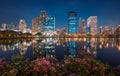 Lake with Purple Flowers in City Park under Skyscrapers at Night Royalty Free Stock Photo