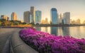 Lake with Purple Flowers in City Park under Skyscrapers at Sunrise Royalty Free Stock Photo