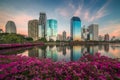 Lake with Purple Flowers in City Park under Skyscrapers at Sunset Royalty Free Stock Photo