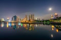 Lake Ratchada situated in the Benjakitti Park in Bangkok at night Royalty Free Stock Photo