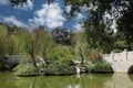 The Lake of Reflected Frangrance and the Jade Ribbon Bridge surrounded by trees and plants in the Chinese Gardens