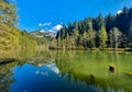 Lake reflecting the beautiful mountains and trees in the surrounding Royalty Free Stock Photo