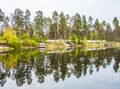 The lake reflects forest trees