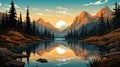 The lake reflects a mountain range in its still waters. (Generative AI